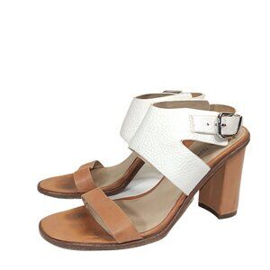 Via Spiga V-Belia Sandals Womens 8 Ivory Tan Pebble Leather Two-Tone Block Heel